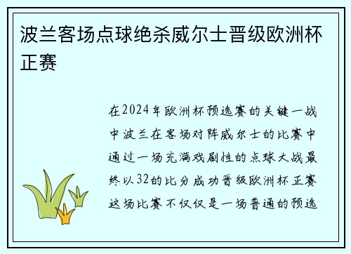 波兰客场点球绝杀威尔士晋级欧洲杯正赛