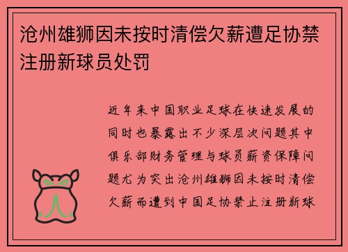 沧州雄狮因未按时清偿欠薪遭足协禁注册新球员处罚