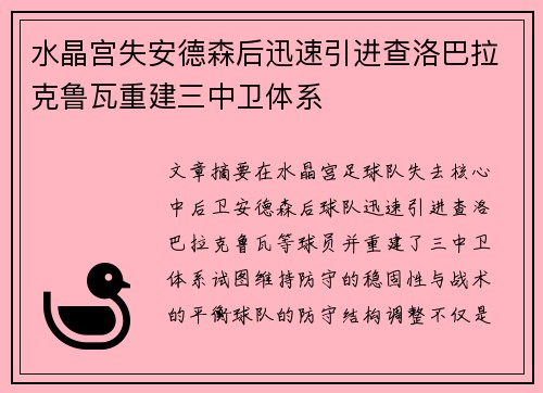 水晶宫失安德森后迅速引进查洛巴拉克鲁瓦重建三中卫体系